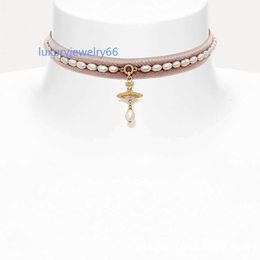 Designer Viviane Vivienen Westwoods Empress Dowagers Earth Planet Velvet Pearl Water Drop Necklace Versatile Light Luxury Noble Neckchain Collar Chain Jewellery