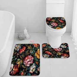 Bath Mats Vintage Flowers Mat Set Blossom Lotus Golden Line Dark Bathroom Decorations Retro Bathtub Rug Home Carpet Toilet Lid Cover