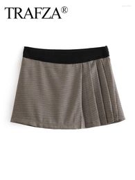 Women's Shorts TRAFZA Fashion Woman Vintage Splicing High Waist Women Chic Plaid Pleated Side Zipper Mini Skirt Streetwear