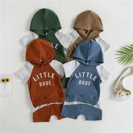 Clothing Sets Boys Summer Clothes Outfits Letter Print Contrast Color Hooded Short Sleeve Tops And Shorts Toddler 2Pcs Tracksuit Suit