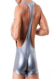 Underpants Men Faux Leather PU Undershirt Wrestling One Piece Singlet Sexy Boxers Jumpsuit Suspender Underwear Exotic Straps Bodys7901997