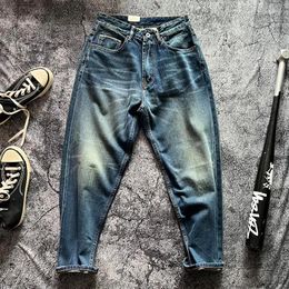 Men's Jeans Vintage Cotton Distressed Old Washed Denim For Men Heavyweight Red Selvedge Whisker Loose Tapered Straight Pants Y2k