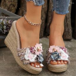 Slippers Bow Wedges Flower High Heels Shoes Women Sandals 2024 Fashion Flip Flops Platform Summer Pumps Femme Slides
