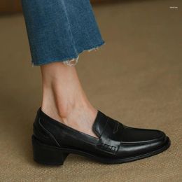 Casual Shoes Women Loafers Cowhide Real Leather Footwear For Woman Basic Style Slip On Med Heel Retro All Match Daily