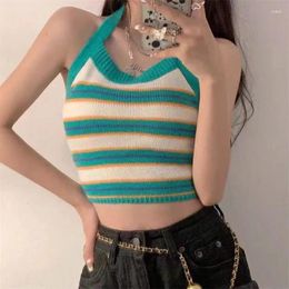 Women's Tanks Women Y2K Halter Crop Top Lace Up Stripes Sexy Beach Tank Backless Knitted Sleeveless Camis Bandage Cute Summer