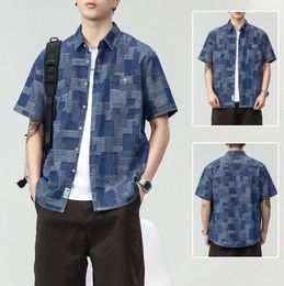 Simplicity brand jean dress shirt men blue plaid short sleeve denim mens designer shirt