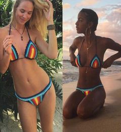 Handmade Crochet Bikini Set Rainbows Rasta Women Swimwear Push up Sexy swimsuit Vacation X07019618559