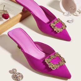 Slippers 2024 Summer Rose&Green Satin Woman Waterproof Shoes Crystal Buckle Mules Slides Femme Comfy Slip On High Heels Sandals