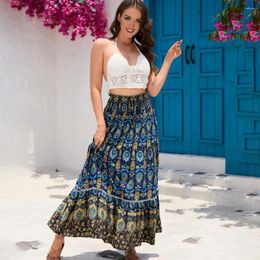 Skirts Bright Print Skirt Tropical Boho Floral Maxi For Women Elastic High Waist A Line Hem Beach Party