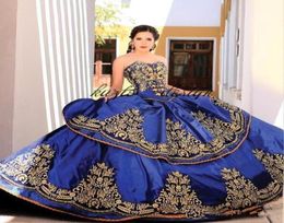 Royal Blue Gold Lace Ball Gown Quinceanera Dresses Sweetheart Embroidery Appliques Beaded Sweet 16 Dresses Sweep Train Quinceanera6235074
