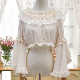 Women's Blouses Japanese Harajuku Style Casual Chiffon Shirt Lolita Sweet Lace Tops Long Sleeve Solid Colour Fashion Trend For 2024