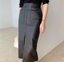 Spring Autumn Women PU Leather Skirts High Waist Pockets Package Hip Female Front Split Zipper Midi Pencil Skirt 2204189512025