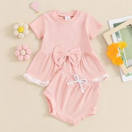 Clothing Sets Baby Girls Summer Outfits Short Sleeve Lace Trim Hem T-Shirt With Solid Color Ribbed Shorts 2 Pcs Set