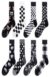 Harajuku Style Men Socks Black White Plaid Dot Cat Pattern Happy Socks New Hip Hop Combed Cotton Calcetines 2pcs1pairs4790322