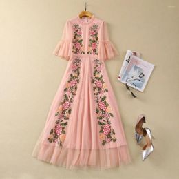 Party Dresses European And American Women's Clothes 2024 Spring Flare Sleeve Stand Collar Flower Embroidery Fashion Pleated Dress XXL