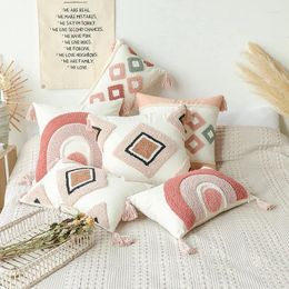 Pillow Boho Cover Pink Geometric Tufted Embroidery S Covers Tassel Ins Style Home Decorative Pillowcase For Living Room
