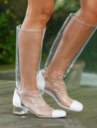 2018 Spring Summer Square Heels 4 cm PVC Clear Knie High Stiefel Big Size 4048 Reißverschlussschuhe für Frauen Regenstiefel9224473