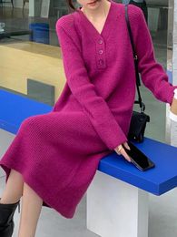 Casual Dresses Loose V-Neck Knitted Dress Long Sleeve 2024 Autumn/Winter Korean Fashion Women'S Clothing