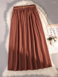 Skirts Summer Retro Hong Kong Style Pocket High Waist Pleated Solid A-line Skirt Women's Half Length Long Woman Clothes Fashion