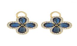 Stud Vintage Royal Clover Blue Crystal Sapphire Gemstones Diamonds Earrings For Women Gold Colour Jewellery Bijoux Party Accessorie11302127