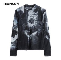 TROPICON Goth Mesh Top Women Trend Fashion Graphic T Shirts Long Sleeve Turtleneck See Through Tshirts European Clothing 2205277188231