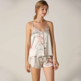 Silk pajama set, suspender, floral pajama shorts, two-piece set, casual home clothing for women