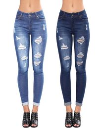 Women Summer Outfit MiddleWaist Ripped CloseFitting Ninth Jeans With Hemming Bottom For Girls Dark BlueLight Blue Women0395878036