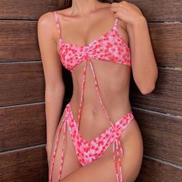 Women's Swimwear Women String Tie Side Swimsuits Thong Bikini Sets Floral Print Bohemian Micro Holiday Two Pieces Bathing Suit