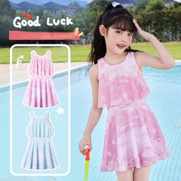 Cartoon Print Swimsuit for Girls 2-Piece Swimwear with Underwear Teenage Kids Beach Bathing Suits Pink 2-14Y 240518