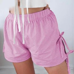 Women's Shorts Women Loose Plaid Print Summer With High Elastic Waist Lace-up Bow Detail Retro Style Casual Sport