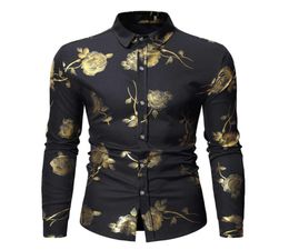 Unique Men039s Geek Rose Gold Shiny Shirts Men Flowered Printed Stylish Slim Fit Long Sleeve Men039s Button Down Dress Shirt3741911