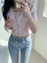 Women's Jackets Summer Tweed Coat Women Striped Plaid Print Fashion Slim Ladies Cropped Tops Pearl Patchwork Korean Short Sleeve Woman Pink