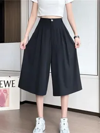 Women's Pants Summer Korean Black White Blue Large Size Wide Leg Seven Point Pleated Pant For Women High Waist Casual Loose Fashion