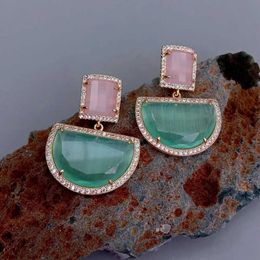 Stud YYGEM Semi circular Green Pendant Pink Cat Eye Gold Plated Stud Earrings Geometric Fashion Jewelry Q240517