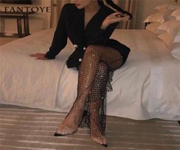 Fantoye New Crystal Diamond Shiny Women Pants Summer Sexy Hollow Out Elastic Fishnet Trousers Fashion See Through Beachwear Pant1152297