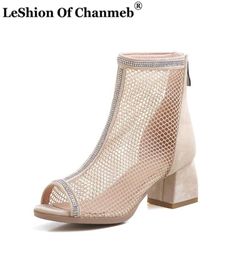 Elegant Shiny Crystal Summer Net Boots Women Laides Peep Toe Sandals Woman Female Peep Toe Zip Mesh Shoes 3343 Sandalias Mujer2302922346