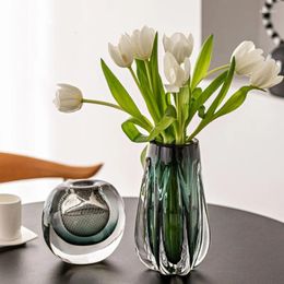 Vases Crystal Glass Vase Transparent Green Thick Flower Arrangement Accessories Terrarium Flowervase Home Decoration