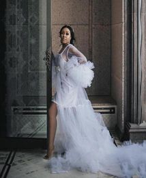 Casual Dresses White Pretty Bridal Tulle Long Robe Night Gowns See Thru Ruffles Tiered Women Full Sleeves Size 8433969