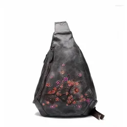 School Bags Vintage Embossed Women Backpack Genuine Leather Ladies Floral Chest Bag Handmade Backpacks For Female Women's