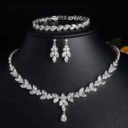 ZAKOL Luxury Brilliant Zirconia Leaf Necklace Earrings Rings Bracelets Set for Women CZ Drop Bridal Wedding Jewelry Sets 240511