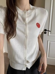 "Classic Love Embroidery Air Conditioning Shirt - Japanese Short-Sleeved Round Neck Polo Shirt for Women, Slim Fit Knitted Ice Silk Cardigan"