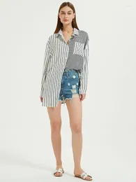 Fashionable Long Sleeved Casual Patchwork Striped Pocket Button Front Shirt Clothing Women Tops Beach Wear Blouse Q1483
