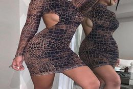 Trendy Snake Printed Backless Sexy Skinny Dress Women Party Club Outfits Oneck Long Sleeve Mini Bandage Vestidos Fall 2021 Casual6461065