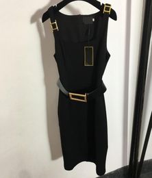 Classy Belt Sleeveless Dresses Gold Button Skirts Women Black Casual Dress Sexy Vest Designer Long Skirt4712296