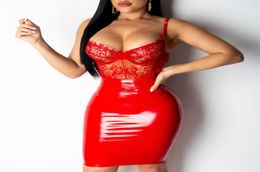 Women Dress Sexy Lace PVC Patchwork Bodycon Wet Look PU Clubwear Evening Package Hip Night Red Blue Black Tight Dating Clothing T24215043