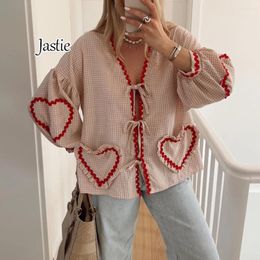 Women's Blouses Jastie V-neck Long Sleeve Plaid Shirt Tops Love Pocket Lace-Up Front Sexy Bohemian Beach Holiday Blouse 2024 Summer