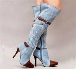 Over the knee women boots autumn winter denim high heels ladies shoes sexy buckle strap platform long boots thigh high boots Y20074695129