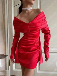 Party Dresses Red Short Mini Evening For Woman Long Sleeves Backless Off The Shoulder Slimming And Buttocks Wrapping Est Prom Gown