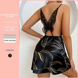 Denilyn Sexy Backless Home Sukienka do spania bez rękawów Summer Krótka sukienka z paskiem w szyku w dekolcie imitacja jedwabna sukienka