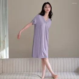 Women's Sleepwear Summer Style Modal Nightgowns Women Short Sleeve Female V-Neck Sleepshirts Lace Nightdress Elegant Solid Colour Pijama